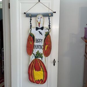 Very Large Painted Canvas Happy Haunting Halloween Hanging with ghost/pumpkins